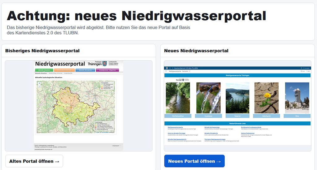 Startseite des Niedrigwasserportals Thüringen (Landing Page) mit Hinweis auf neues Niedrigwasserportal 2.0