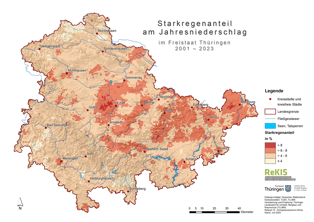 Die Karte gibt den durchschnittlichen jährlichen Mengenanteil aller Starkniederschlagsereignisse am Gesamtjahresniederschlag (%) für den Zeitraum 2001 bis 2023 an, die innerhalb von 5 min eine Intensität von mindestens 20 mm/h aufweisen.