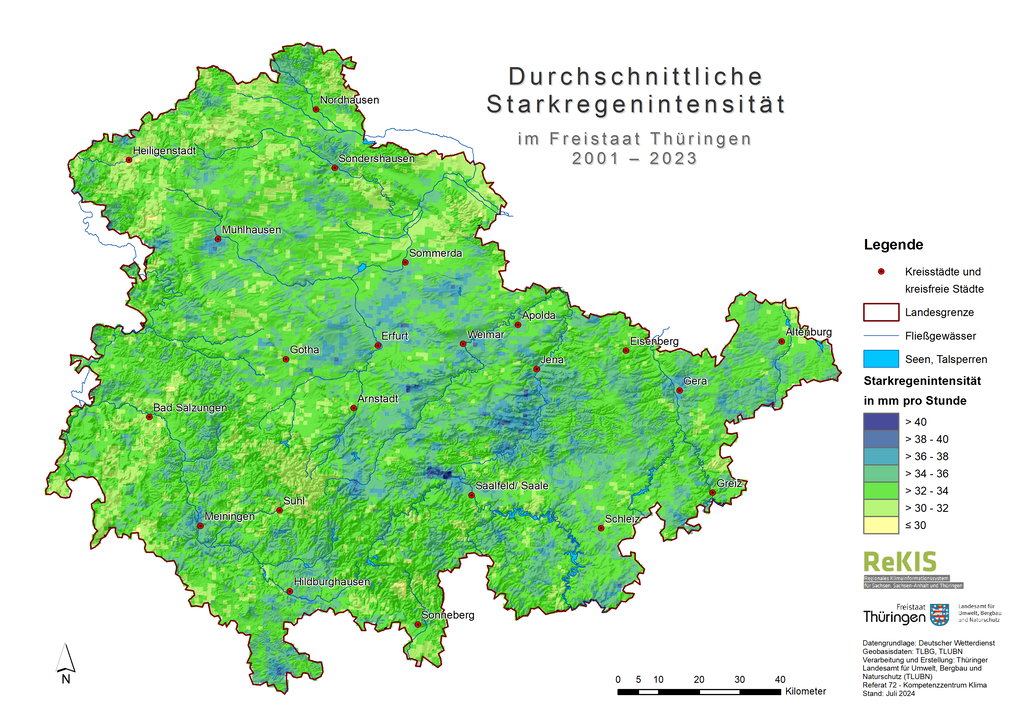 Die Karte gibt die durchschnittliche Niederschlagsintensität aller Starkniederschlagsereignisse pro Jahr im Zeitraum von 2001 bis 2023 an, die innerhalb von 5 min eine Intensität von mindestens 20 mm/h aufweisen.
