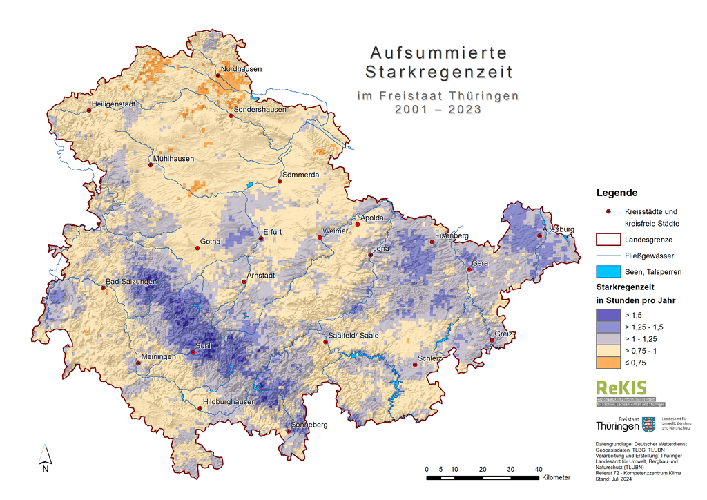 Der Datensatz gibt die durchschnittliche über das Jahr aufsummierte Zeitdauer von 5 min Ereignissen mit einer Intensität von mindestens 20 mm/h für den Zeitraum von 2001 bis 2023 an.