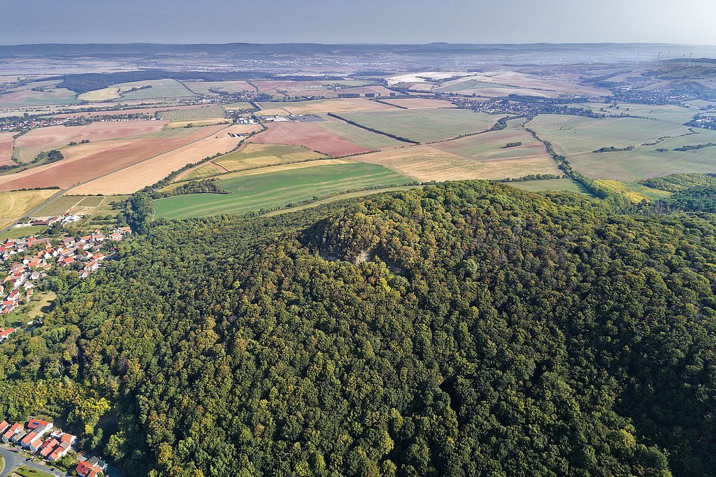 NSG 5, Blick von Südwesten auf die Wöbelsburg im gleichnamigen NSG bei Hainrode (vorn links, Landkreis Nordhausen) mit Totalreservat, einem Muschelkalkrücken und –sporn der Hainleite. (Foto: V. Lautenbach/ThINK GmbH 22.09.2020, Archiv TLUBN)