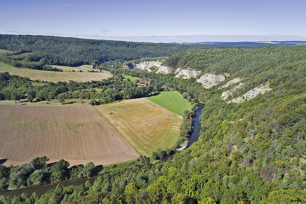 NSG 24, Blick von Süden über das Klosterholz (vorn) auf die Nordmannssteine und den ehemaligen Kalksteinbruch Buchenau östlich (rechtsseitig) der Werra im NSG „Klosterholz und Nordmannssteine“ (Wartburgkreis). In der Bildmitte: Siedlung Ebenau (Gemeinde Amt Creuzburg). (Foto: V. Lautenbach/ThINK GmbH/Archiv TLUBN, 08.09.2020)
