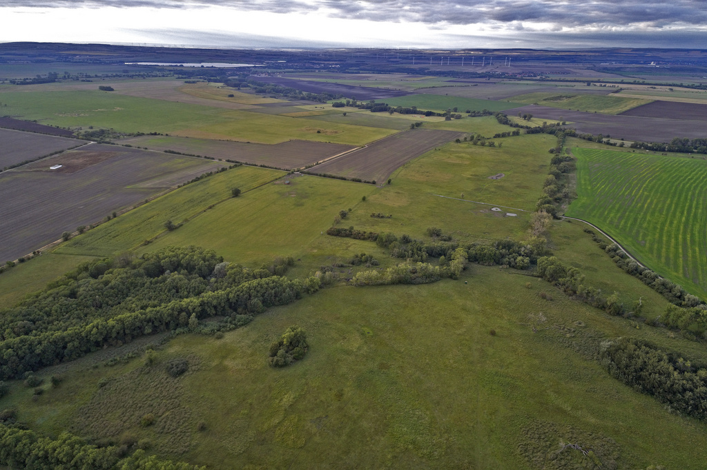 NSG 046, Blick von Süden auf zentralen und nördlichen Teil des NSG „Alperstedter Ried“ (Landkreis Sömmerda), vorn: das Pferderied, Bildmitte: Bohlenweg des Rundwanderweges, Bildmitte hinten: Grammeaue als Verbindung zum NSG „Haßlebener Ried“ (Nr. 60, hinten links). (Foto: V. Lautenbach/ThINK GmbH/Archiv TLUBN, 09.09.2020)