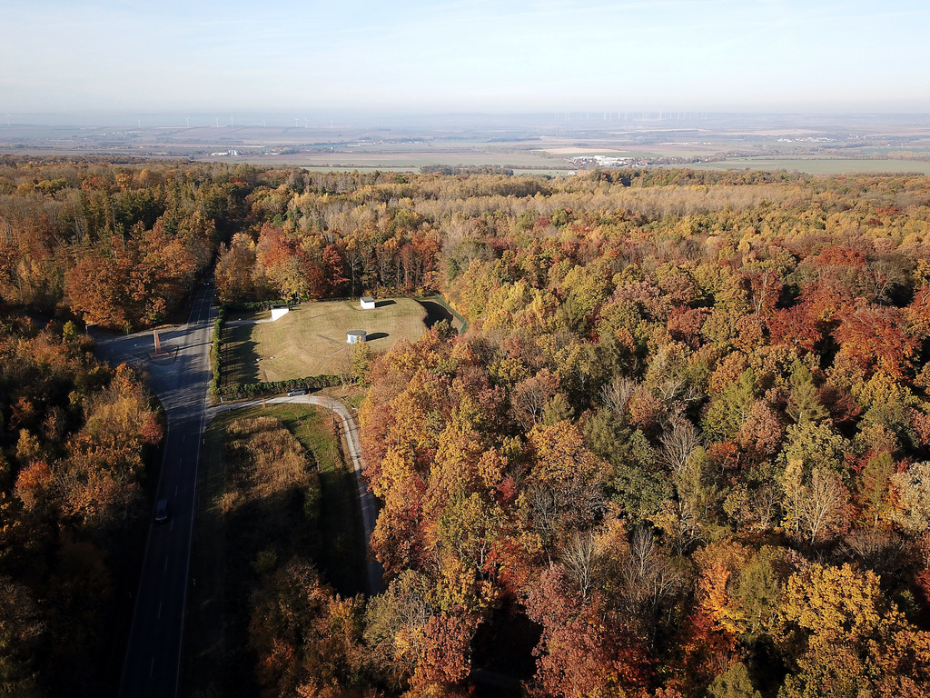 NSG 050, Blick von Südsüdost auf den westlichsten Teil des NSG „Prinzenschneise“ am Wasserhochbehälter an der Ettersburger Straße (mit Obelisk). (Foto: Holm Wenzel, 29.10.2021)