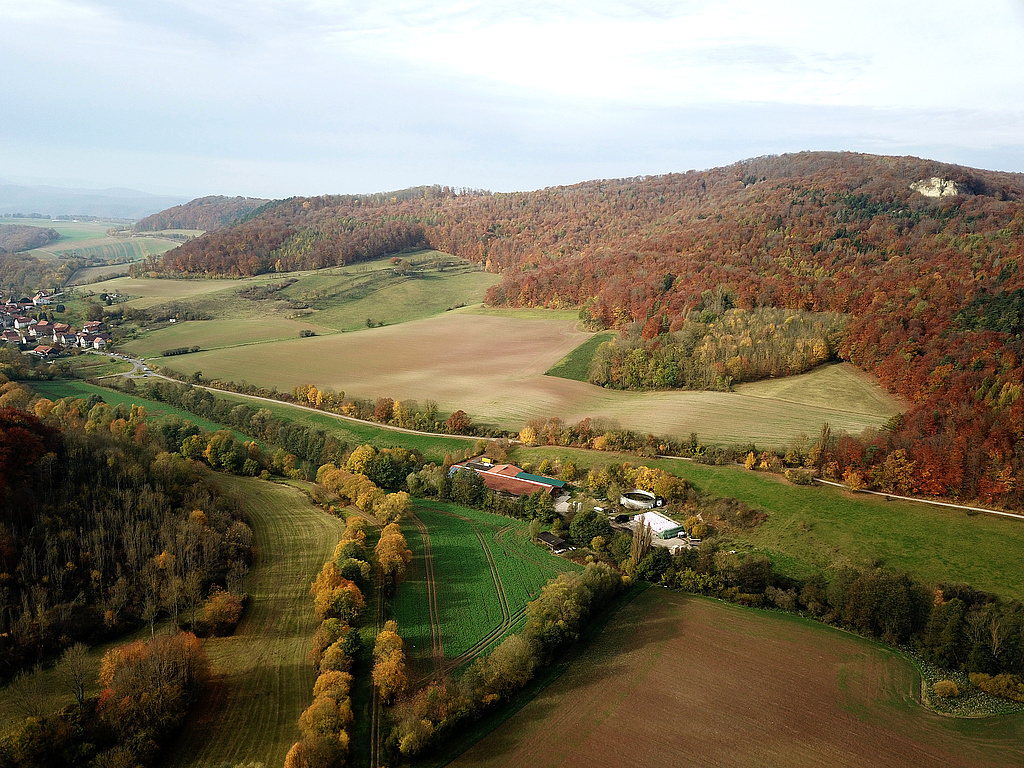 NSG 68, Blick nach Nordnordwest über das Tal des Alten Hainsbaches auf Asbach (am Bildrand links, Landkreis Eichsfeld), zum Lindenberg (hinten links), Bärentriesch (Bildmitte links) und zur Muschelkalkklippe der „Nase“. (Foto: Holm Wenzel 30.10.2021)