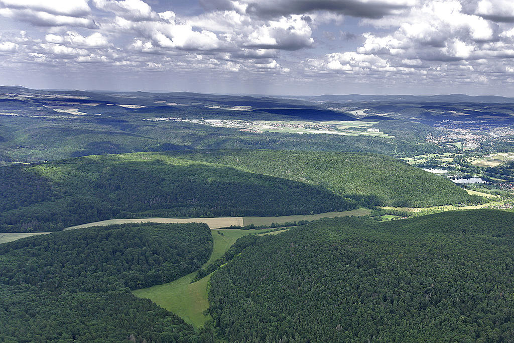 NSG 129, Blick von Südsüdost zum Stillberg mit NSG und Naturwaldparzelle "Still". Rechts in der Werraaue: die Orte Untermaßfeld und Meiningen, in der Bildmitte hinten der Ortsteil Meiningen-Dreißigacker (Landkreis Schmalkalden-Meiningen). (Foto: D. Hoff & V. Lautenbach/ThINK GmbH/Archiv TLUBN, 18.07.2020)