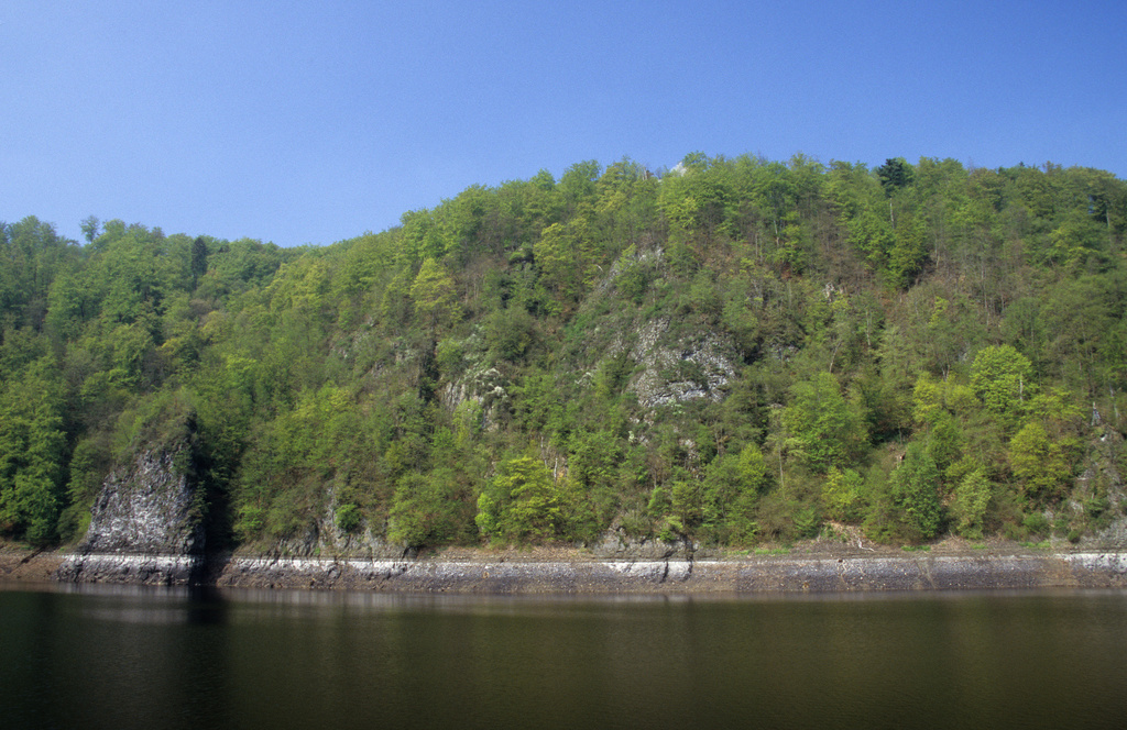 NSG 169, Blick von Osten über die Bleiloch-Talsperre auf den ostexponierten felsigen Steilhang (= Prallhang der Saale) des Heinrichsteins. (Foto: Holm Wenzel, 24.04.2009)