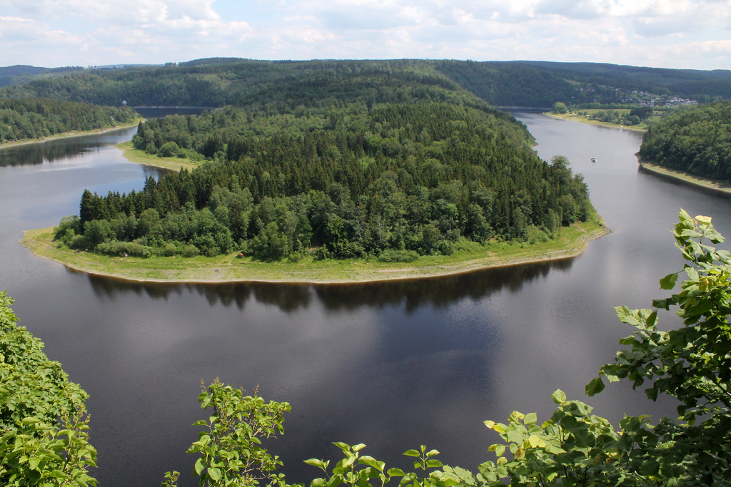 NSG 169, Blick von Schutzhütte auf Felssporn im Oberhang des NSG „Heinrichstein“ nach Osten auf die Saaleschleife der Bleiloch-Talsperre nordwestlich von Saaldorf (hinten links) um den Hopfgarten. (Foto: Holm Wenzel, 31.05.2014)