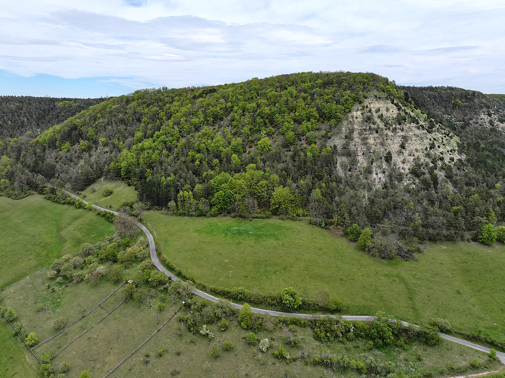 NSG 179, Blick von Südsüdwest über die Straße von Reinstädt nach Milda auf die Westseite des Schönberges mit der „Kuppe“ im NSG „Schönberg“ nördlich Reinstädt (Saale-Holzland-Kreis). Der süd- bis südwestexponierte offene Steilhang unterhalb der Kuppe liegt in der geplanten Erweiterung des NSG. (Foto: Holm Wenzel, 28.04.2024) 