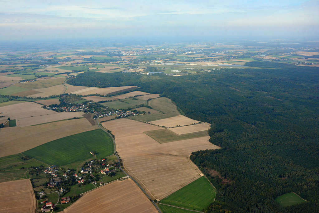 NSG 185, Blick von Osten auf den Süd- und Westteil des Waldgebietes "Leina" (NSG und FFH-Gebiet "Leinawald"). Vorn links: der Ort Buscha, dahinter die Orte Lohma und Zschernichen; im Hintergrund: Leipzig-Altenburg Airport und Altenburg (Landkreis Altenburger Land). (Foto: Detlef Stremke/Archiv TLUBN, 23.09.2019)