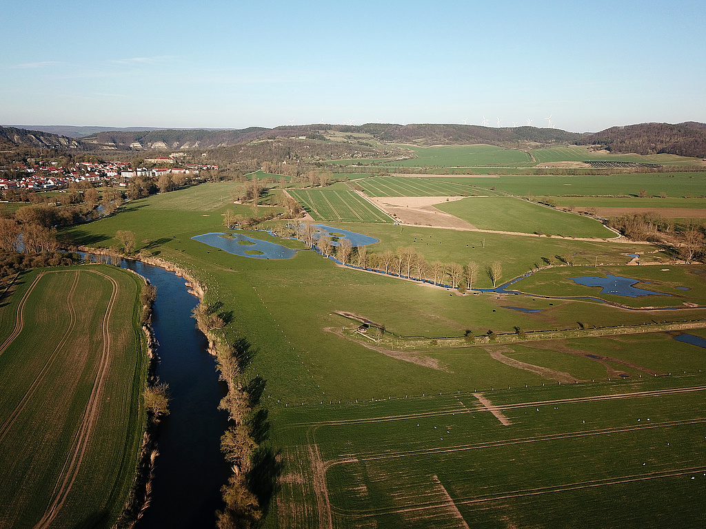 NSG 210, Blick von Südwesten Richtung Creuzburg auf den zentralen und nordöstlichen Bereich der nördlichen, größeren Teilfläche des NSG „Wilhelmsglücksbrunn“ (Wartburgkreis) mit der Werra, dem Salzgraben (Bildmitte) und davor der Karolinenquelle. (Foto: Holm Wenzel, 16.04.2022)