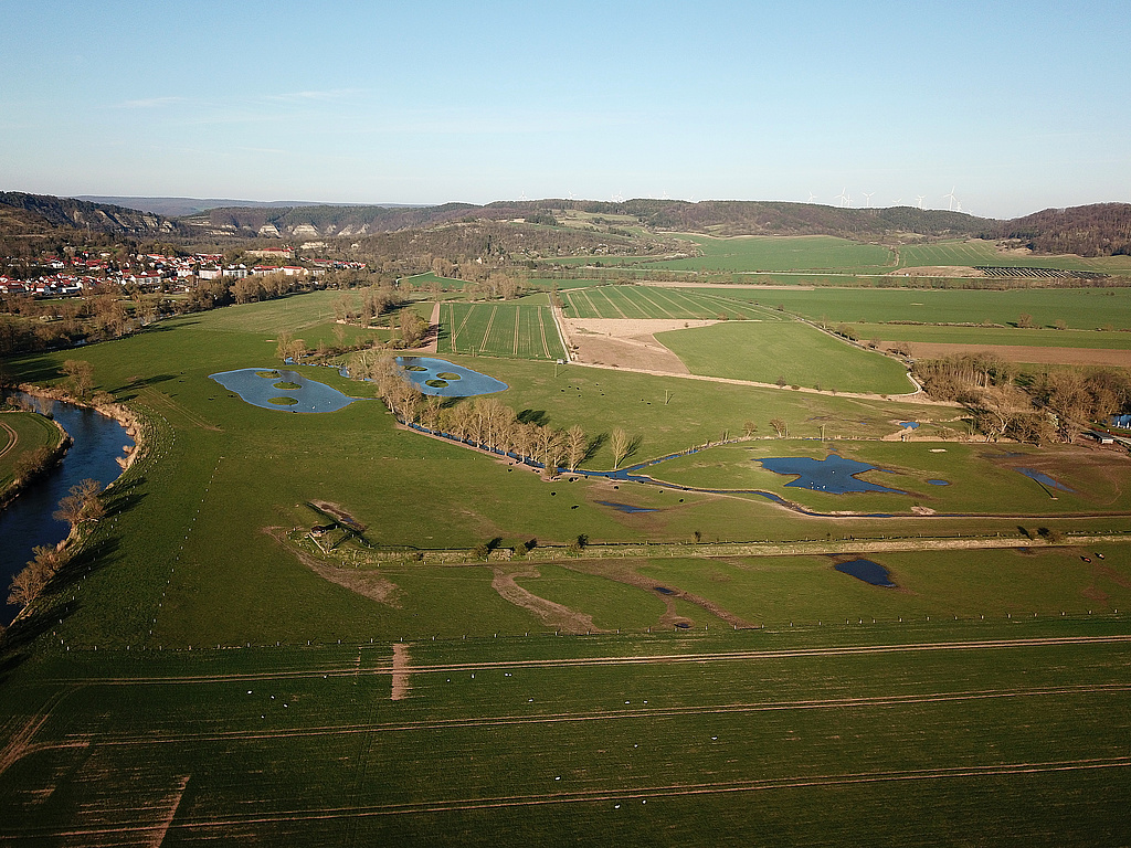 NSG 210, Blick von Westsüdwest Richtung Creuzburg auf den zentralen und nordöstlichen Bereich der nördlichen, größeren Teilfläche des NSG „Wilhelmsglücksbrunn“ (Wartburgkreis) mit der Werra, dem Salzgraben (Bildmitte) und der Karolinenquelle (halblinks). (Foto: Holm Wenzel, 16.04.2022)