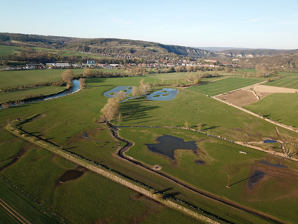 NSG 210, Blick von Südsüdwest Richtung Creuzburg auf den zentralen und nordöstlichen Bereich der nördlichen, größeren Teilfläche des NSG „Wilhelmsglücksbrunn“ (Wartburgkreis) mit der Werra, dem Salzgraben (Bildmitte) und der Karolinenquelle (links). (Foto: Holm Wenzel, 16.04.2022)
