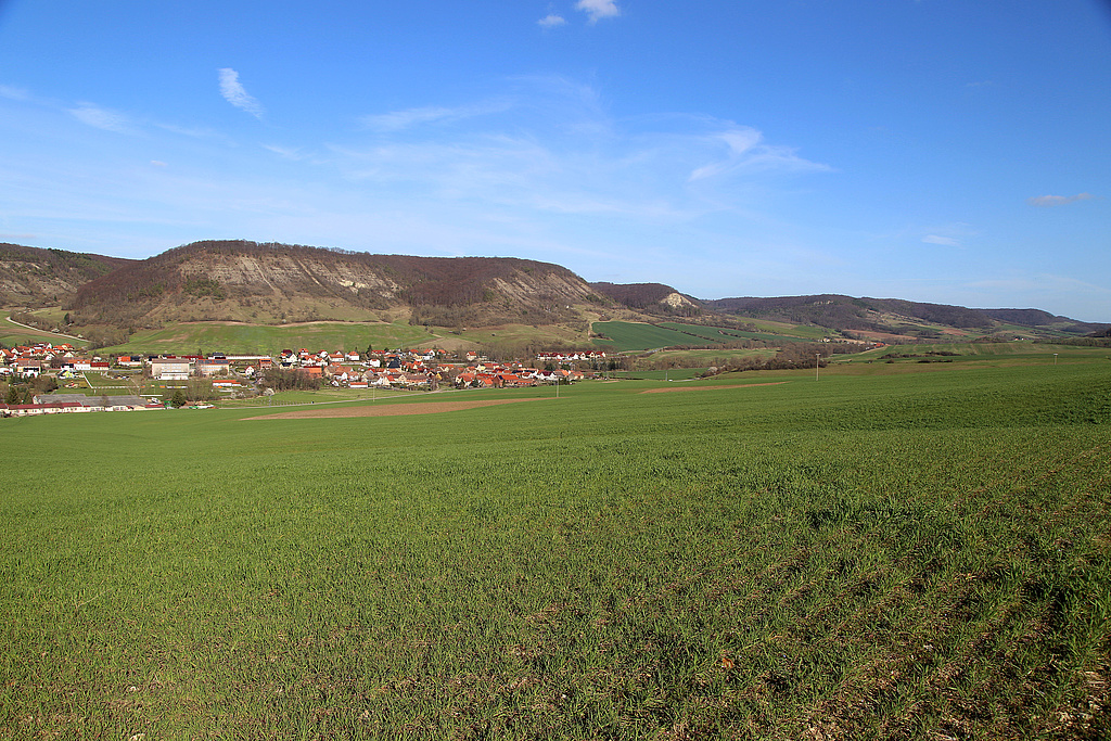 NSG 273, Blick vom nordöstlichen Unterhang des Schloßberges südlich Golmsdorf nach Ostnordost über Beutnitz (Gemeinde Golmsdorf, Saale-Holzland-Kreis) auf die Gleistalhänge im gleichnamigen NSG. (Foto: Holm Wenzel, 14.03.2020)