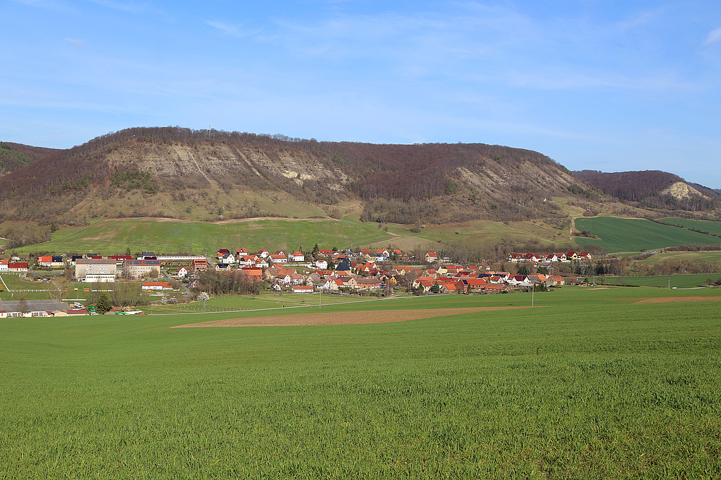 NSG 273, Blick vom nordöstlichen Unterhang des Schloßberges südlich Golmsdorf nach Nordosten über Beutnitz (Gemeinde Golmsdorf) auf den westlichen Teil des NSG „Gleistalhänge“ (Saale-Holzland-Kreis) mit den Muschelkalk-Steilhängen am Bonsig (links) und der Flachsleite (halbrechts) sowie der Zietschkuppe (rechts hinten). (Foto: Holm Wenzel, 14.03.2020)
