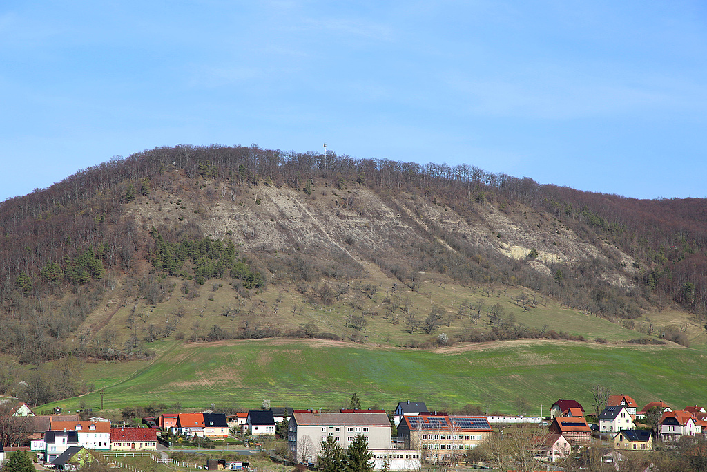 NSG 273, Blick vom nordöstlichen Unterhang des Schloßberges südlich Golmsdorf nach Nordosten über Beutnitz (Gemeinde Golmsdorf) auf den westlichsten Teil des NSG „Gleistalhänge“ (Saale-Holzland-Kreis) mit dem Muschelkalk-Steilhang am Bonsig. (Foto: Holm Wenzel, 14.03.2020)