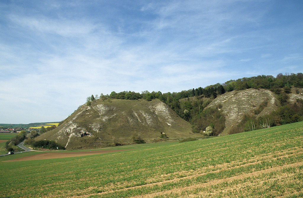 NSG 320, Blick von Süden auf die Gipskarstlandschaft südöstlich Steinthaleben auf der Westseite des Kyffhäusers im Nordwesten des NSG „Süd-West-Kyffhäuser“ (Kyffhäuserkreis) mit den Gipssteilhängen an der Ochsenburg am Ausgang des Habichtstales. (Foto: Holm Wenzel, 22.04.2007)
