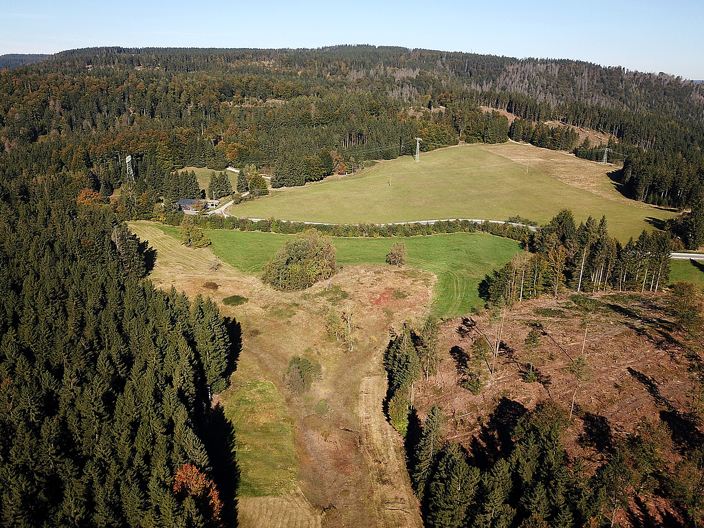 NSG 351, Blick von Südsüdost auf den nördlichsten Teil des NSG „Röthengrund“ bei Mengersgereuth-Hämmern (Landkreis Sonneberg) mit dem Röthen-Quellsumpf (vordere Bildhälfte) und der Wiese am Rottenkämmlein (nördlich, d. h. hinter der Ortsverbindungsstraße Mengersgereuth-Hämmern – Steinach). In der Bildmitte halblinks: das Nordic-Aktiv-Zentrum mit Parkplatz, hinten: der Fellberg bei Steinach). (Foto: Holm Wenzel, 10.10.2021)