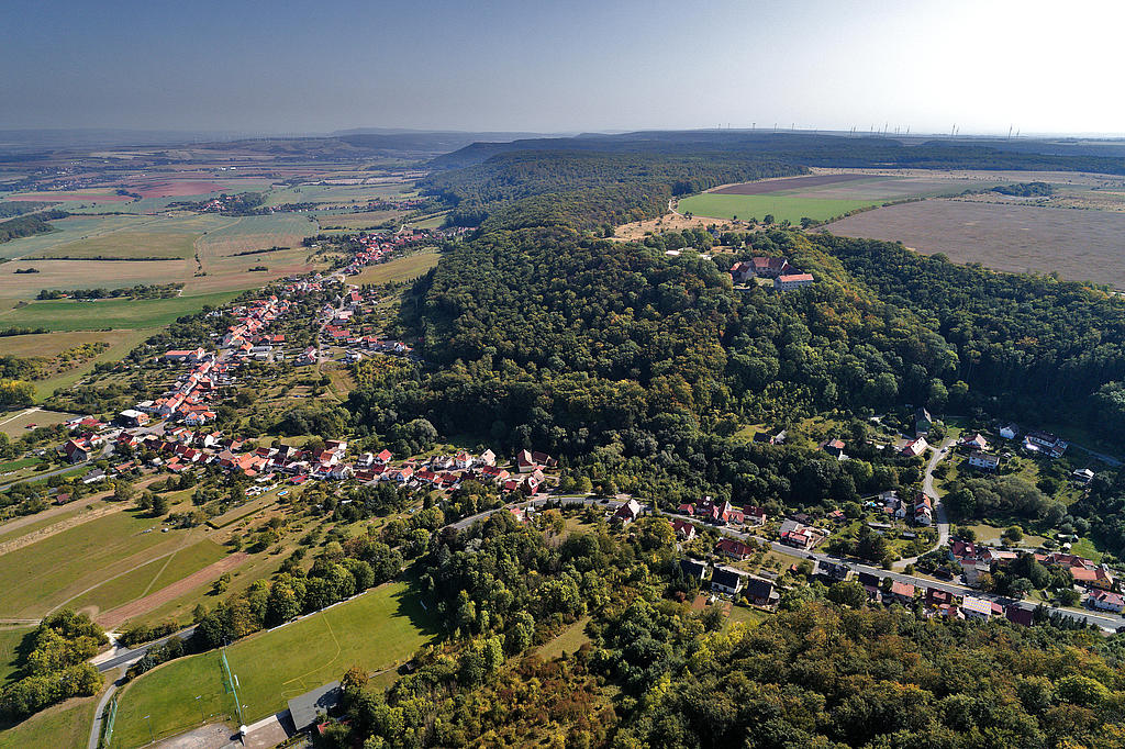 NSG 378, Blick von Westen auf die Hänge um Amt Lohra mit der Burg Lohra im Nordwesten des NSG „Westliche Hainleite“ (Landkreis Nordhausen), davor der Ort Friedrichslohra (Gemeinde Großlohra). (Foto: V. Lautenbach/ThINK GmbH 22.09.2020, Archiv TLUBN)
