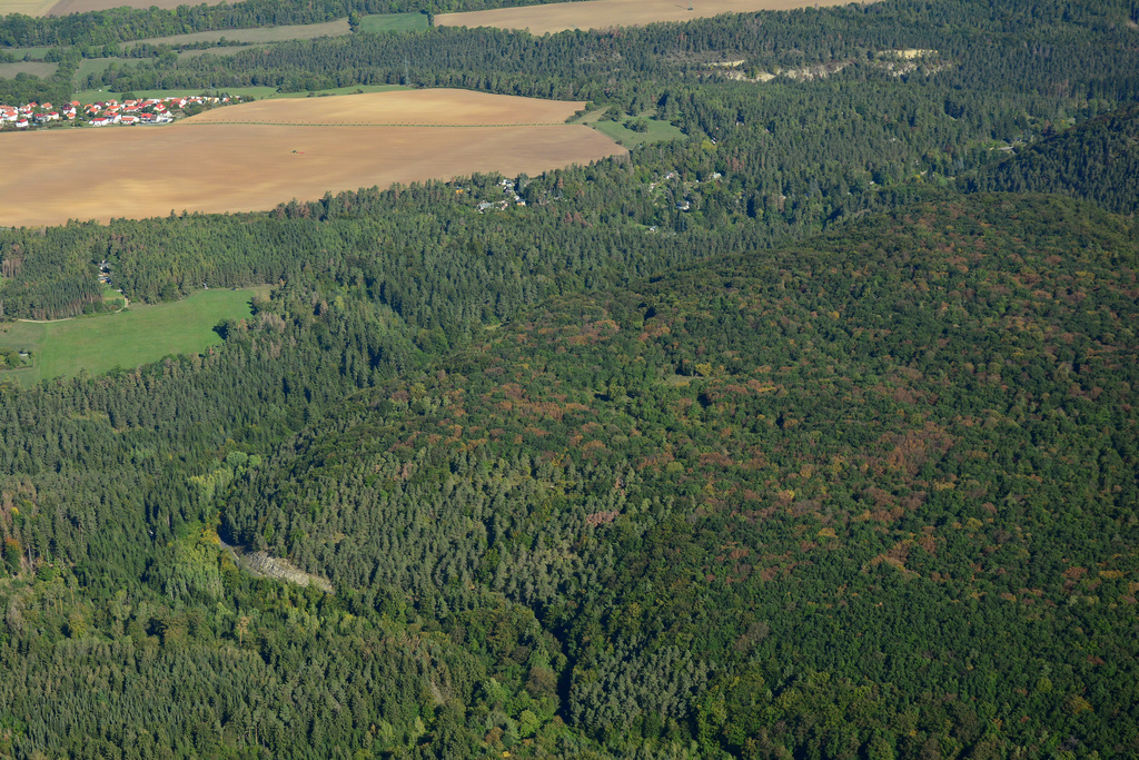NSG 452, Blick von Süden über das Wüste Tal und den Münchenrodaer Grund auf den nordwestlichen Teil des NSG "Jenaer Forst" (Stadt Jena, Saale-Holzland-Kreis). Hinten links: der Ort Münchenroda. (Foto: Detlef Stremke/Archiv TLUBN, 21.09.2019)