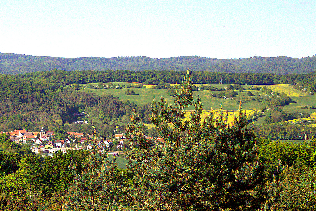 NSG 474, Blick von den Sattelköpfen (NSG Nr. 314) nördlich Hörningen nach Nordnordost über Woffleben auf den Mühlberg bei Woffleben im NSG „Bromberg – Mühlberg bei Woffleben“ (Landkreis Nordhausen), Bildmitte links: NSG Nr. 313 „Himmelsberg bei Woffleben“. (Foto: Holm Wenzel, 06.05.2018)