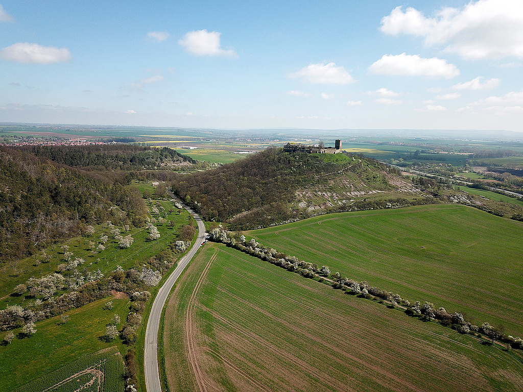 NSG 332, Blick von Südwesten auf den östlichen Rand des Kaffberges (links) mit vorgelagerten Streuobstwiesen, den Burgberg der Burg Gleichen (= Wanderslebener Gleiche) mit sogenannten „badlands“ und den Kallenberg (schräg hinten links) im NSG „Röhnberg“ bei Wandersleben (Landkreis Gotha). (Foto: Holm Wenzel, 30.04.2023)