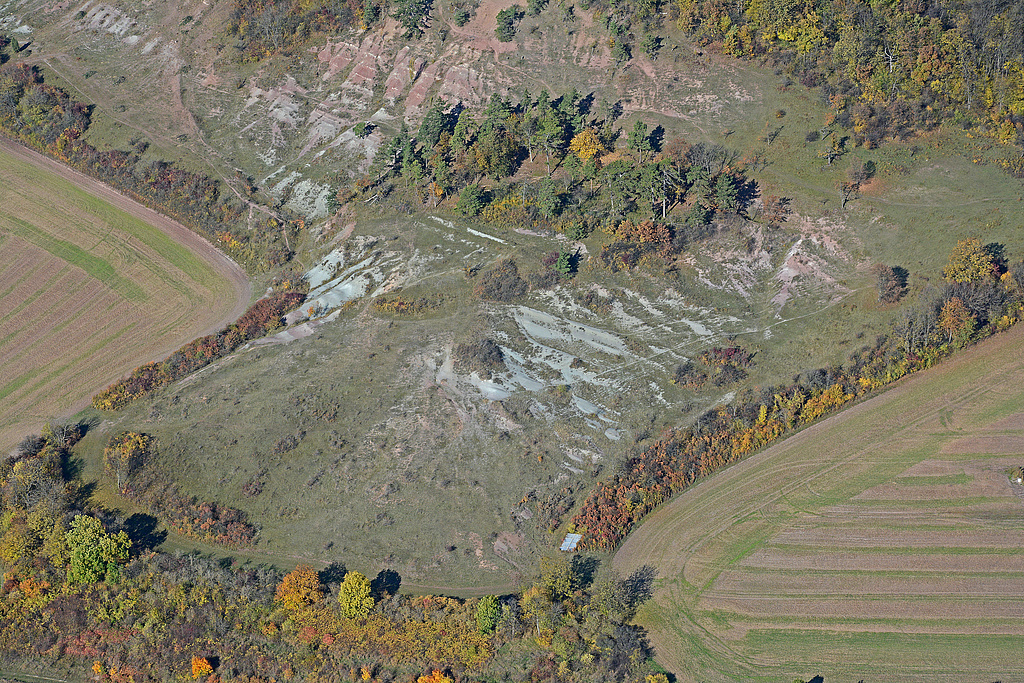 NSG 332, Blick von Südosten auf den südöstlichen Unterhang des Burgberges der Burg Gleichen (= Wanderslebener Gleiche) mit sogenannten „badlands“ im NSG „Röhnberg“ bei Wandersleben (Landkreis Gotha). (Foto: Detlef Stremke/LaNaServ/Archive TMUEN und TLUBN, 22.10.2013)