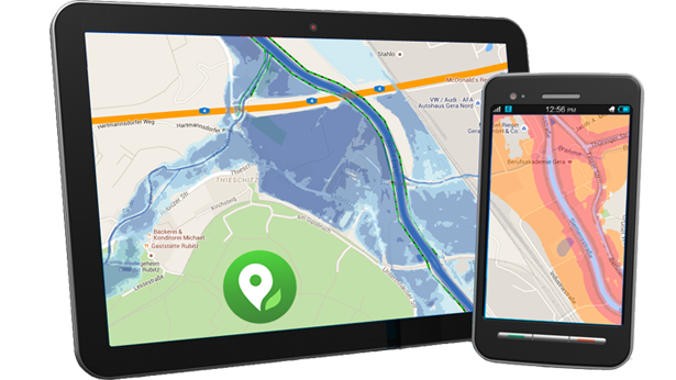 mobil mit der App "Meine Umwelt" ein Tablet und ein Smartphone mit der App "Meine Umwelt"