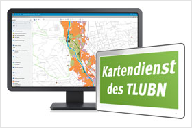 Monitor mit Kartenausschnitt aus dem Kartendienst und Tablet mit der Aufschrift "Kartendienst des TLUBN".