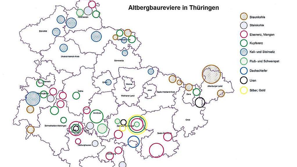 Karte der Altbergbaureviere Thüringens
