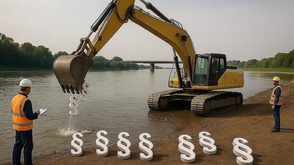Bagger mit Paragraphen am Fluss