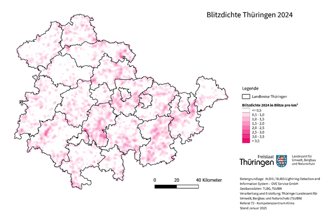Karte mit Darstellung der Blitzdichte in Thüringen