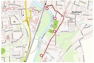 Der Geh- und Radverkehr wird vom Elsterradweg über die Liebschwitzer Straße umgeleitet.