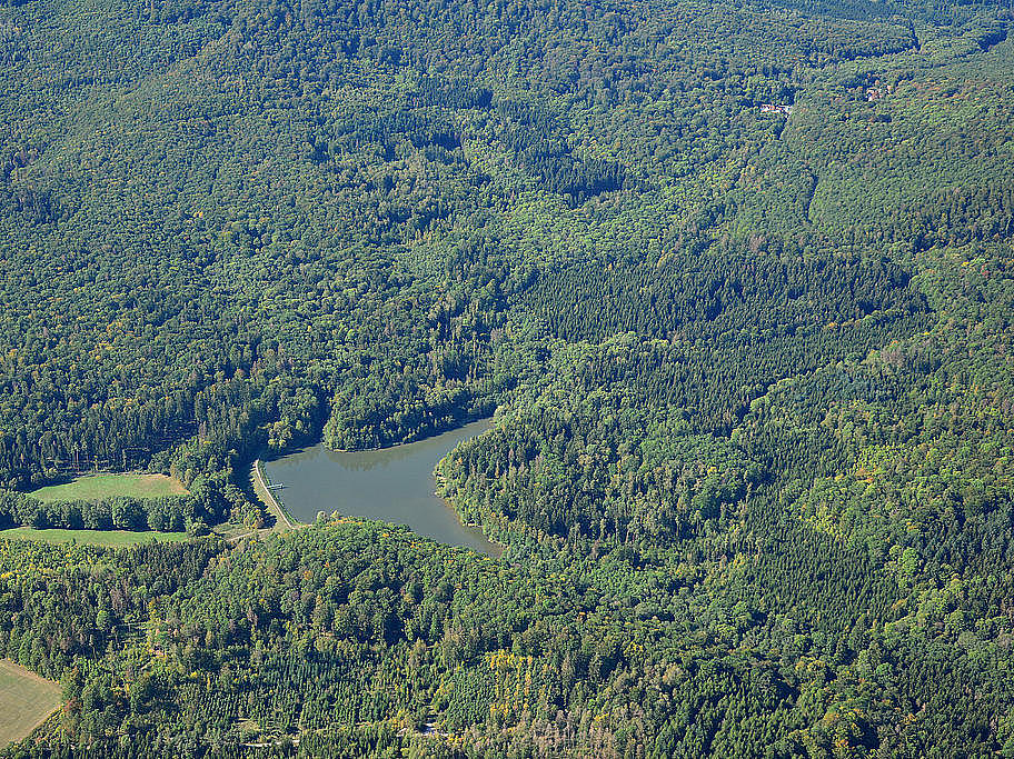 NSG 349, Blick von Nordosten auf die Talsperre Roth II ("An der oberen Milz"), umgeben vom FFH-Gebiet und NSG "Gleichberge" (Landkreis Hildburghausen). Rechts oben: Siedlung Waldhaus zwischen den beiden Gleichbergen. (Foto: Detlef Stremke/Archiv TLUBN, 22.09.2019)