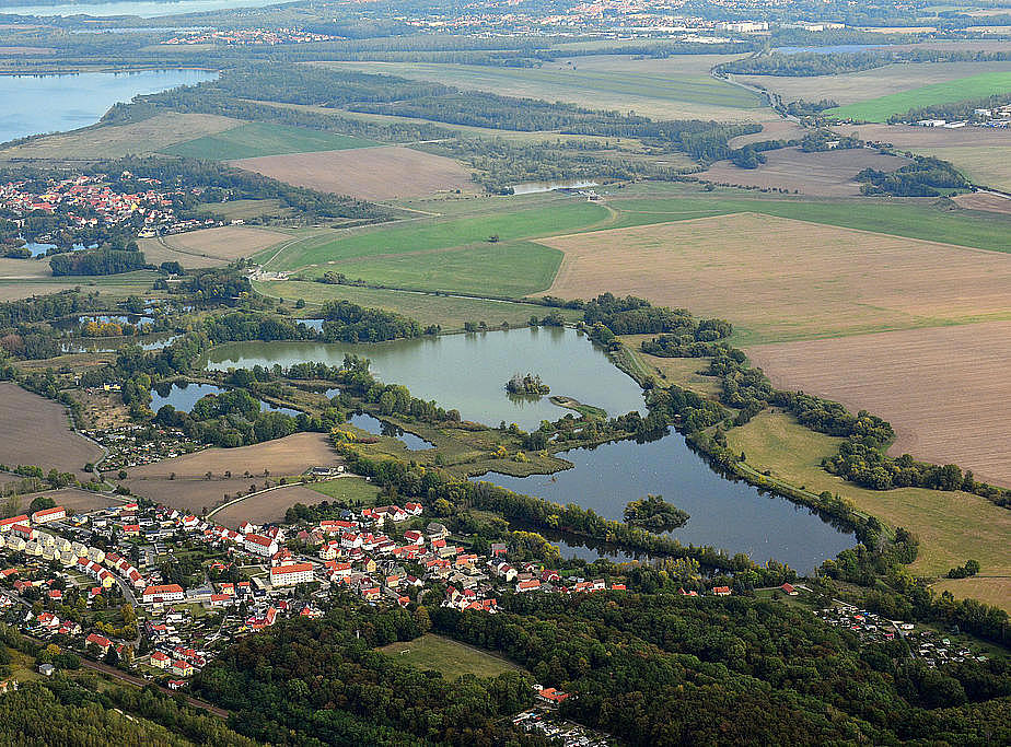 NSG 398, Blick von Südwesten auf den nördlichen Teil des NSG "Haselbacher Teiche" (einschließlich Teil der Pleißeaue, Landkreis Altenburger Land) an der Landesgrenze zu Sachsen. Vorn im Bild: der Ort Haselbach. (Foto: Detlef Stremke/Archiv TLUBN, 23.09.2019)