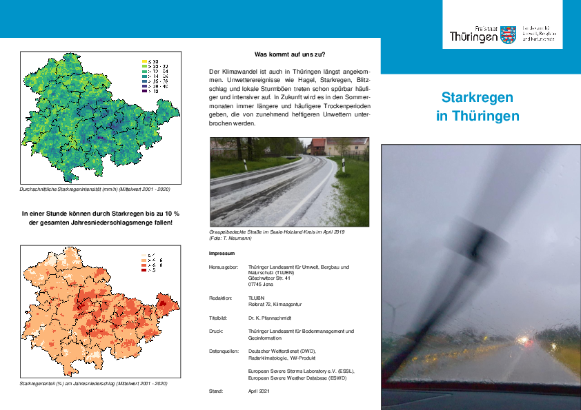 Faltblatt zu Starkregen in Thüringen - Auswertungen basierend auf Radardaten des Deutschen Wetterdienstes für den Zeitraum 2001 bis 2023