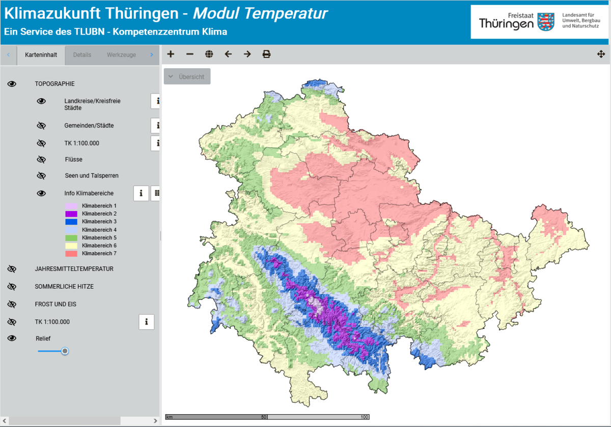Ansicht der Startseite des Klimazukunft Thüringen Modul Temperatur mit den sieben Klimabereichen und Landkreisgrenzen in Thüringen