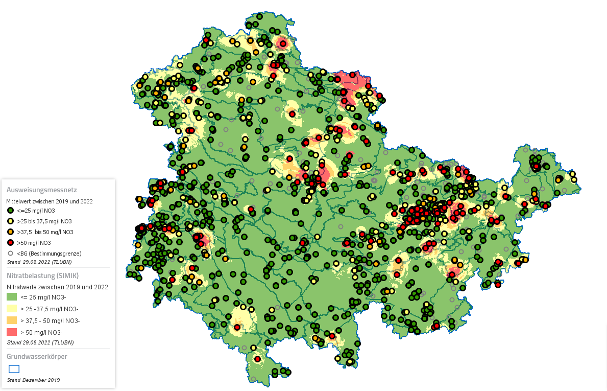 Karte der Nitratbelastung des Thüringer Grundwassers
