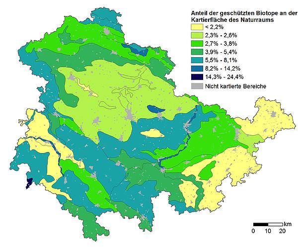 Anteil der gesetzlich geschützten Biotope pro Naturraum in Thüringen (aus LAUSER et al. 2015)
